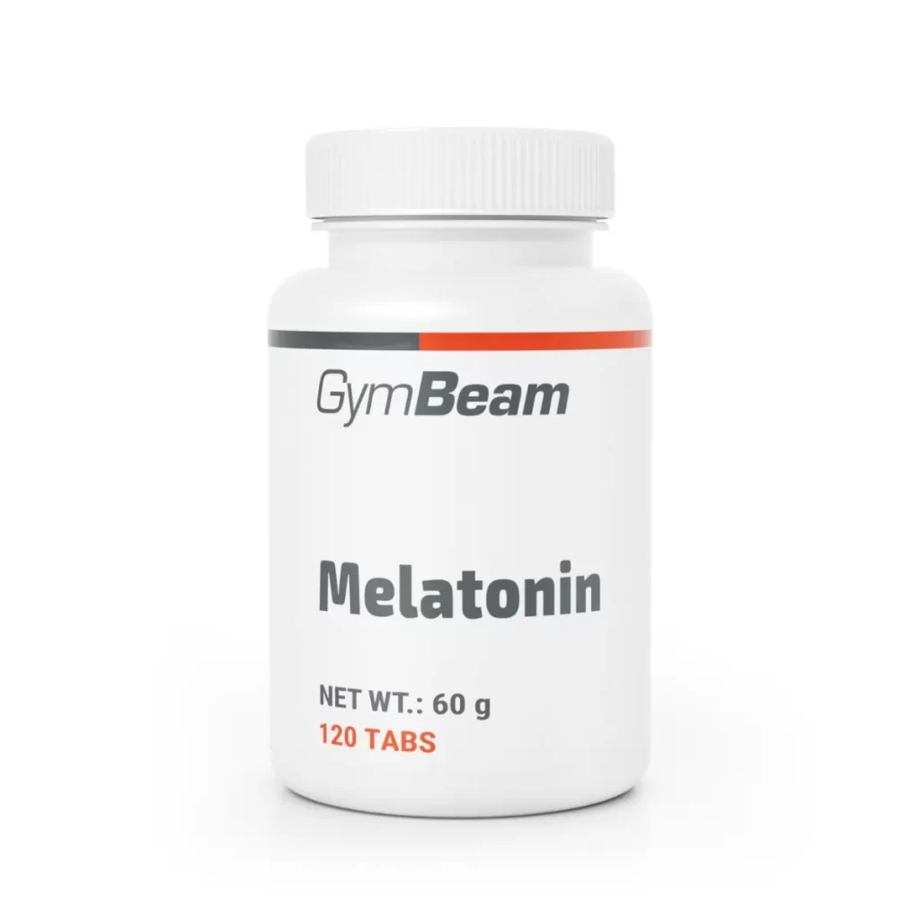 Flacone bianco di integratore GymBeam Melatonina con 120 compresse, utile per il sonno.