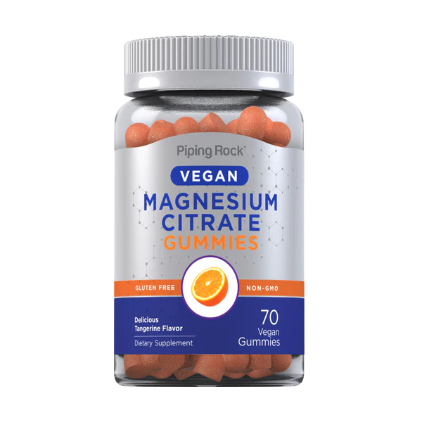 Barattolo Piping Rock Magnesio Citrato Gummies vegane 70 caramelle gusto mandarino senza glutine non OGM