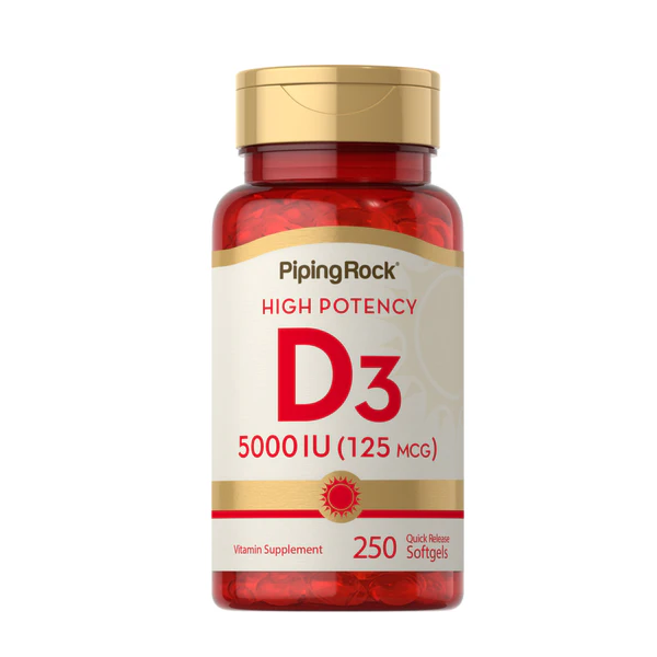 Vitamina D3 5000 UI (125 mcg) Piping Rock alta potenza – integratore vitamina D3 250 softgels