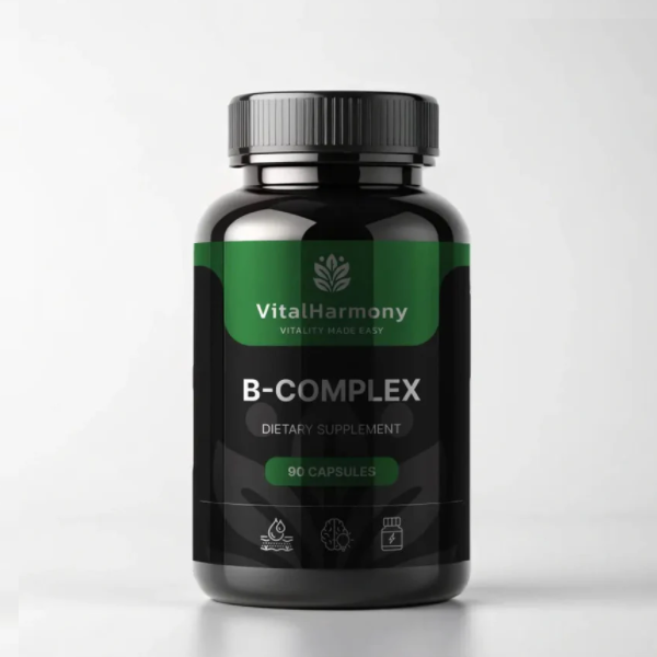 Flacone di VitalHarmony B Complex, integratore alimentare con vitamine del gruppo B, confezione da 90 capsule.