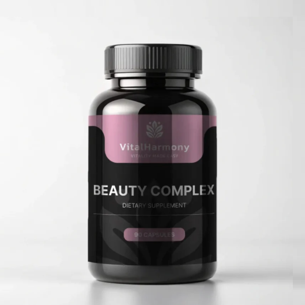 Flacone nero di Beauty Complex VitalHarmony, integratore alimentare con 90 capsule, su sfondo bianco.