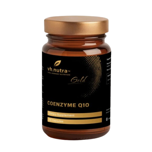 Flacone di VH.Nutra Gold Coenzyme Q10, integratore alimentare con Coenzima Q10, confezione da 30 capsule.