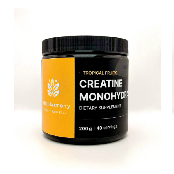 Barattolo di Creatina monoidrato gusto Tropical Fruits, integratore alimentare da 200 g con 40 porzioni, fotografato su sfondo bianco.
