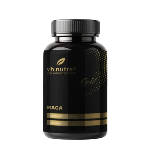 Confezione di Maca Gold vh.nutra, integratore alimentare alla maca in flacone da 90 capsule, su sfondo bianco.