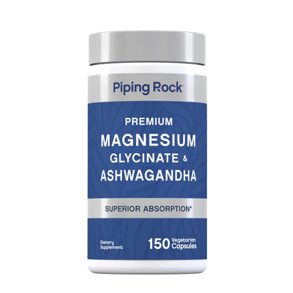 Flacone di PipingRock Premium Magnesio Glicinato e Ashwagandha, integratore alimentare con magnesio glicinato e ashwagandha, confezione da 150 capsule vegetariane.