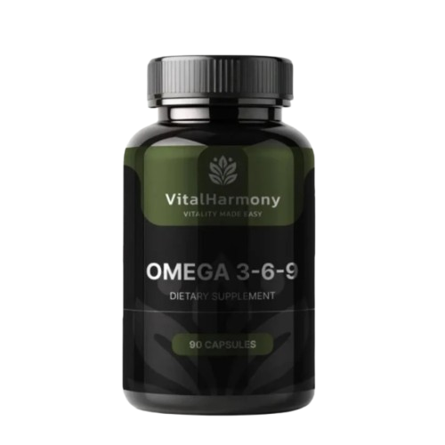 Flacone di Vh Nutra Omega 3 6 9, integratore alimentare con acidi grassi Omega 3, Omega 6 e Omega 9, confezione da 90 capsule.